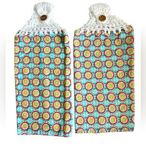 HAND CRAFTED Colorful Crochet Top Floral Hanging Kitchen or Bathroom Hand Towels